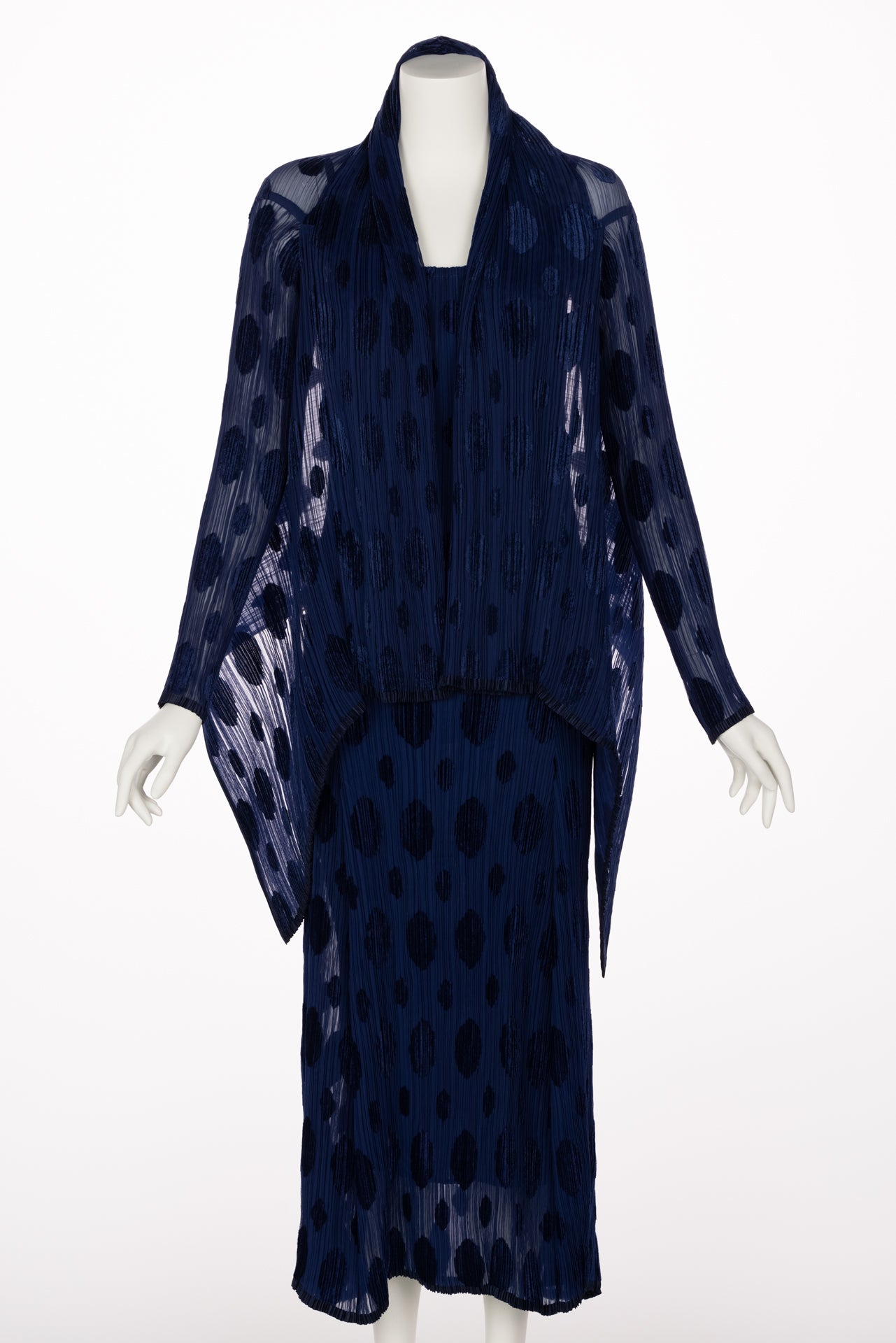 Black Issey Miyake Pleated Blue Polka Dot Dress & Jacket Set For Sale