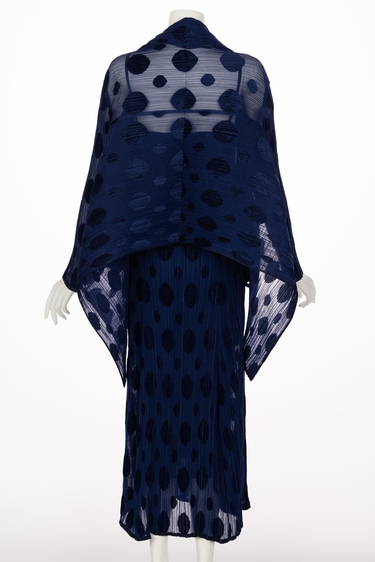 Issey Miyake Pleated Blue Polka Dot Dress & Jacket Set For Sale 1