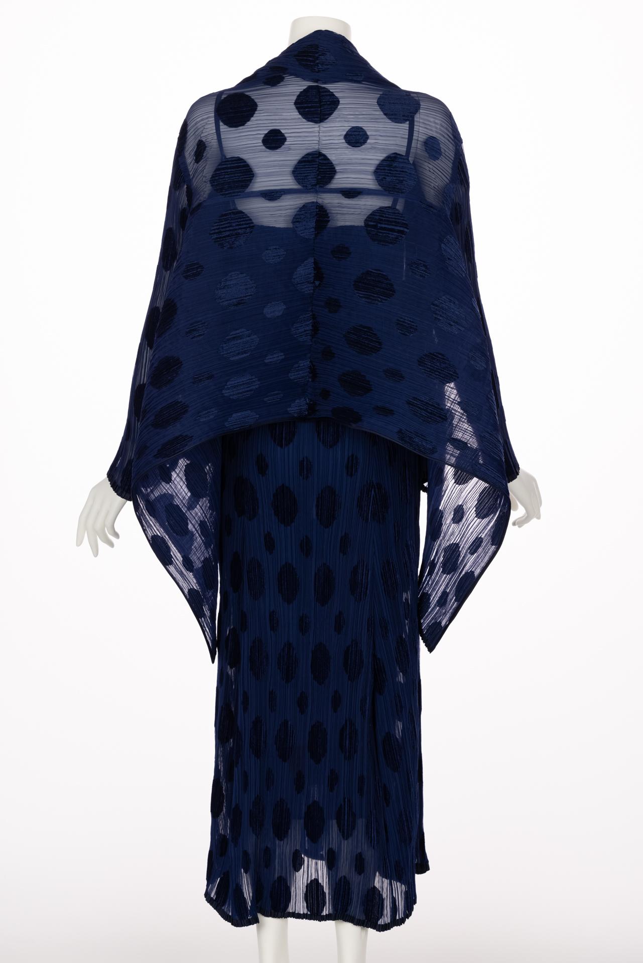 Issey Miyake Pleated Blue Polka Dot Dress & Jacket Set 1