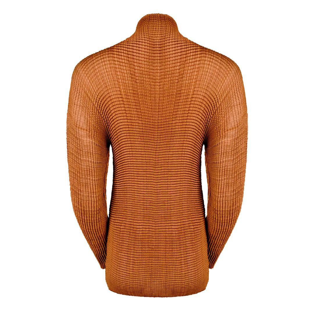 Issey Miyake micro pleated copper tunic features a turtleneck collar and a hem which hits below the waist.

Long sleeves.

The material is lightweight, slightly sheer and has a slight sheen that gives it a semi metallic effect.

Condition Details: