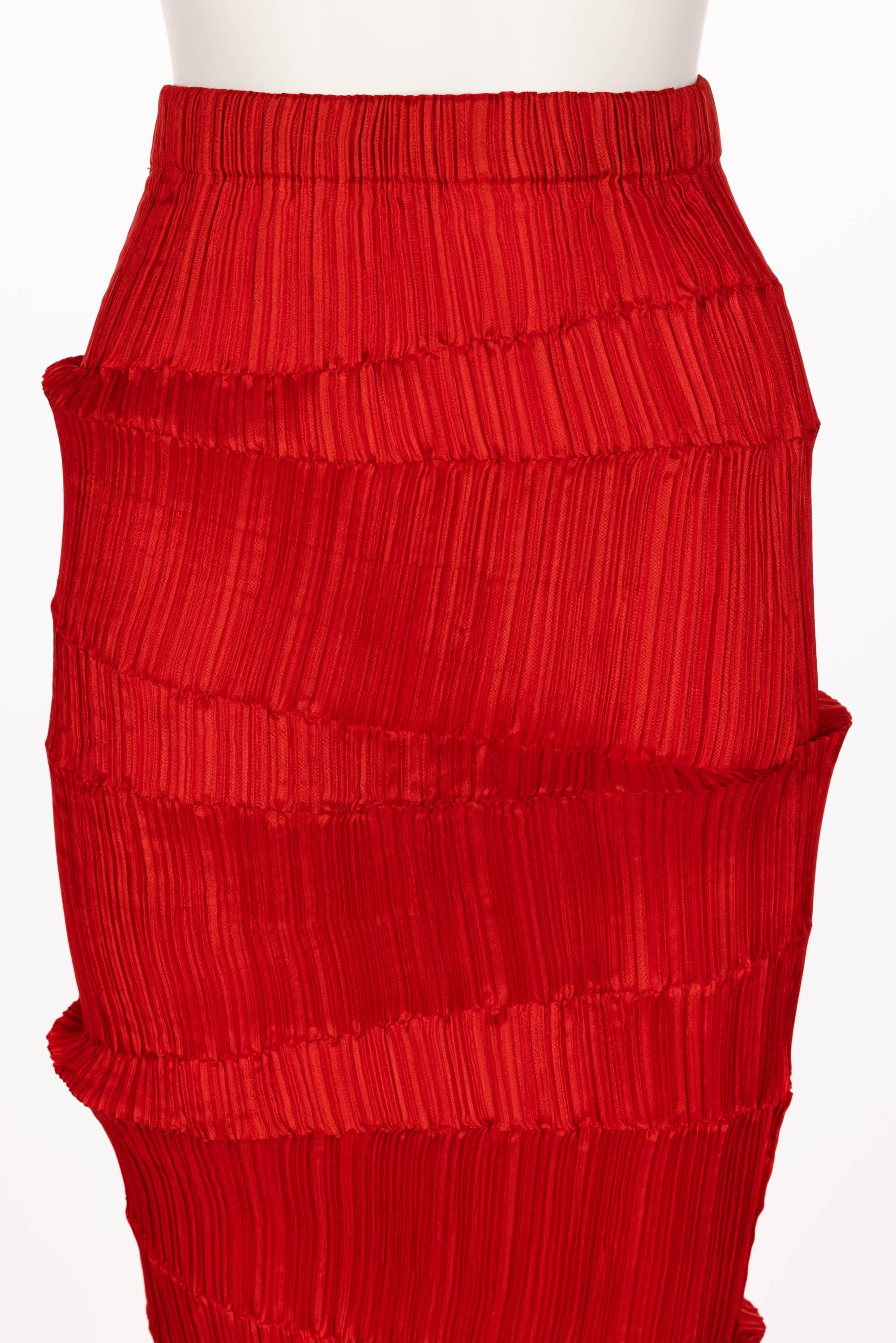 Women's Issey Miyake Pleated Red Maxi Skirt 1990s