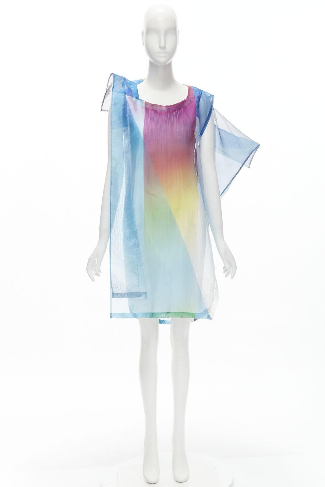 ISSEY MIYAKE pleated slip dress sheer polyester rainbow cape layered dress JP2 M 8