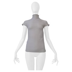 Issey Miyake Pleats Di Miyake Gray Pleated High Neck Short Sleeve Top 2000