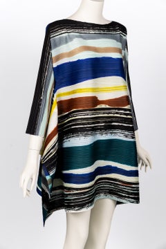 Issey Miyake Pleats Please Abstract Multicolor Striped Sculptural Pleated Dress