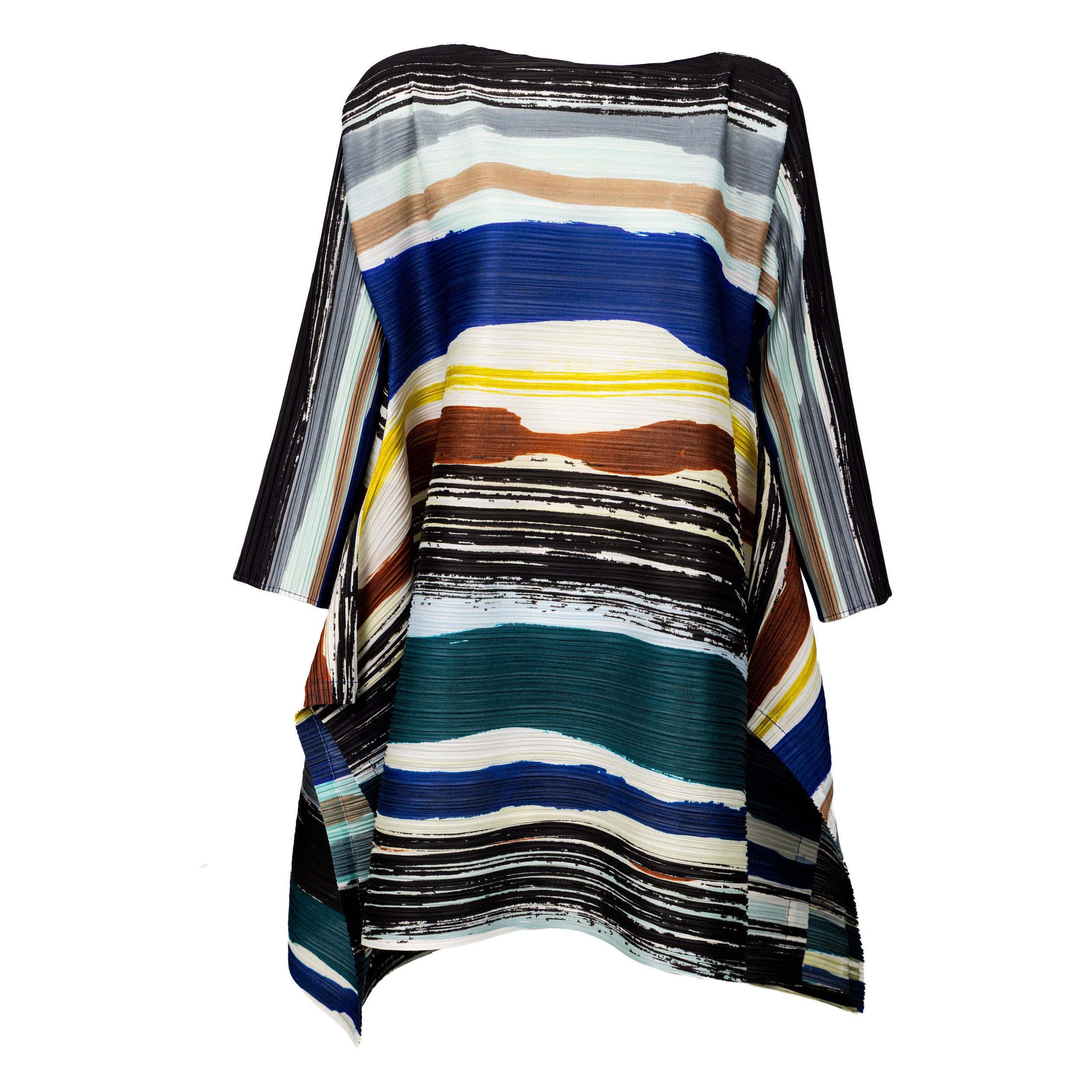 Vestido plisado escultural de Issey Miyake «Pleats Please», con rayas multicolores abstractas en venta