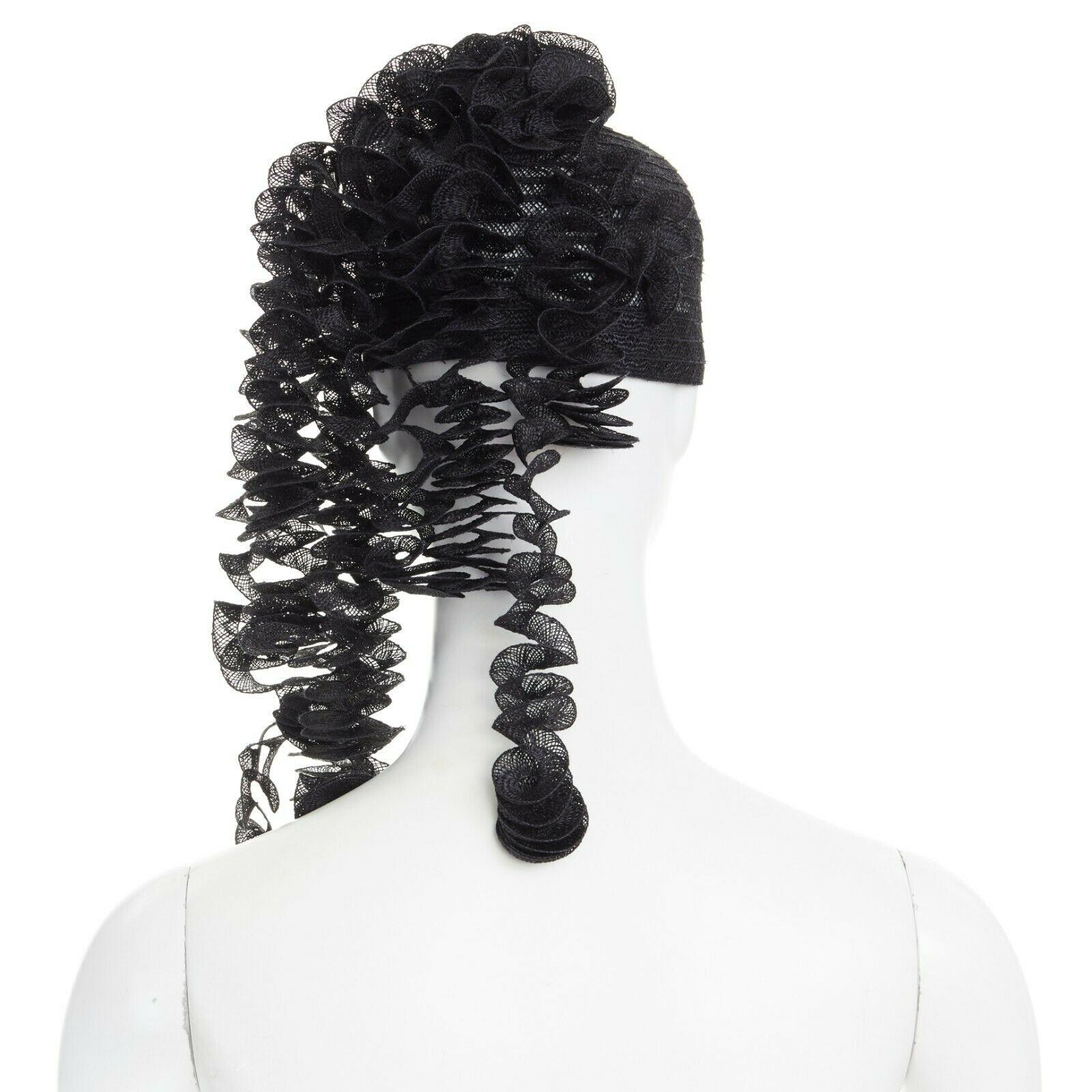 Black ISSEY MIYAKE PLEATS PLEASE black draped spiral strips raffia straw hat