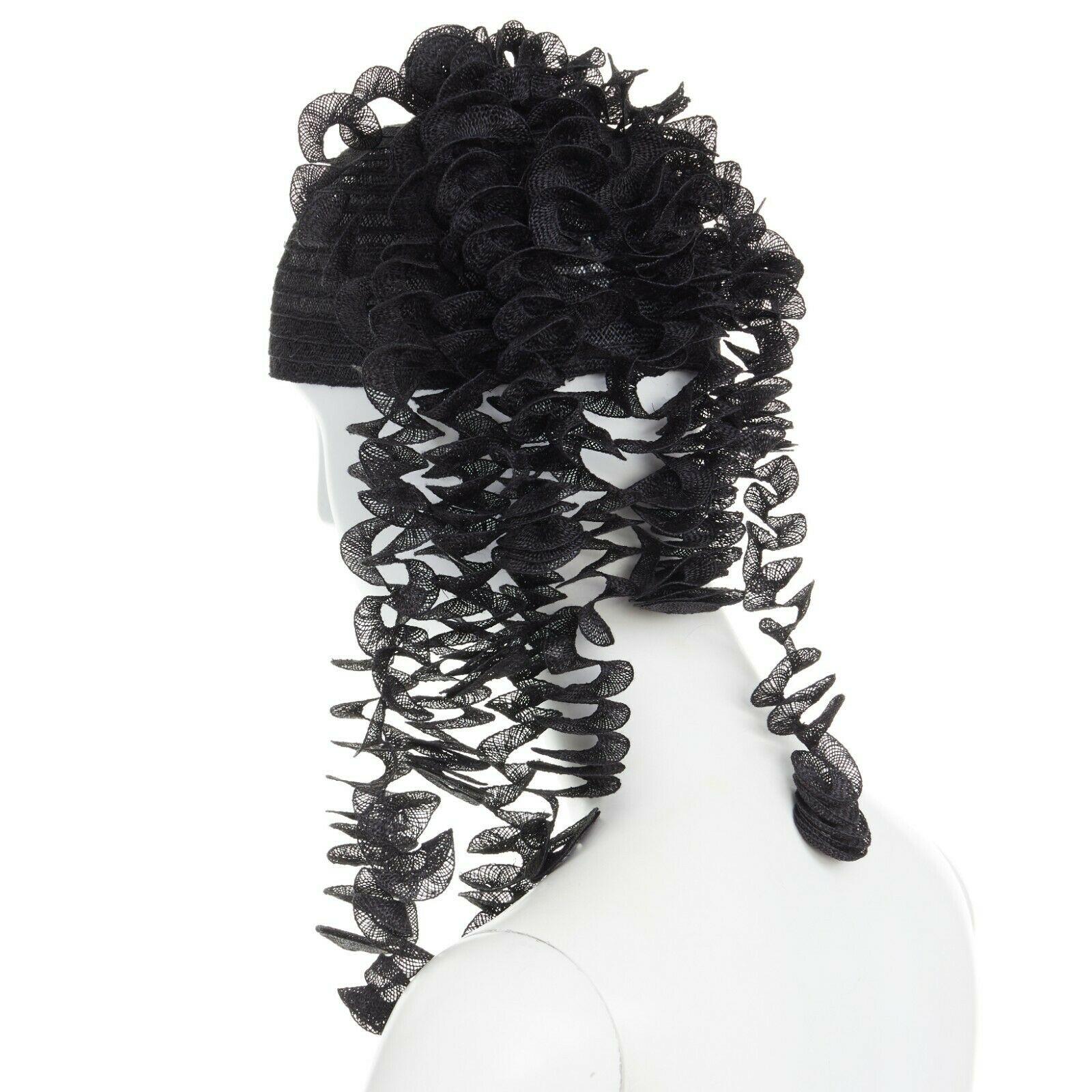 ISSEY MIYAKE PLEATS PLEASE black draped spiral strips raffia straw hat In Excellent Condition In Hong Kong, NT
