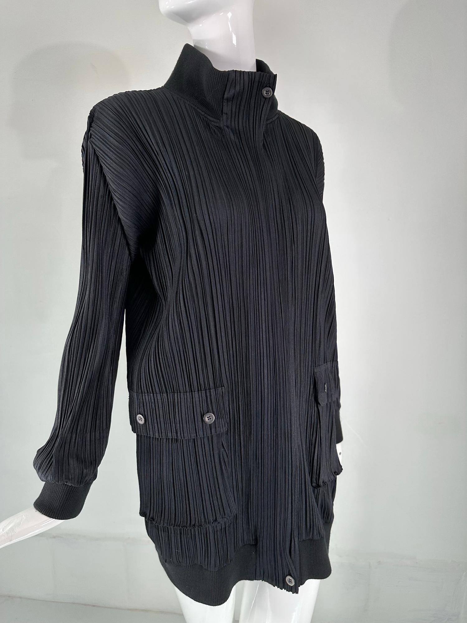 Issey Miyake Pleats Please Black Funnel Neck Hidden Zipper Front Long Jacket 3 For Sale 8