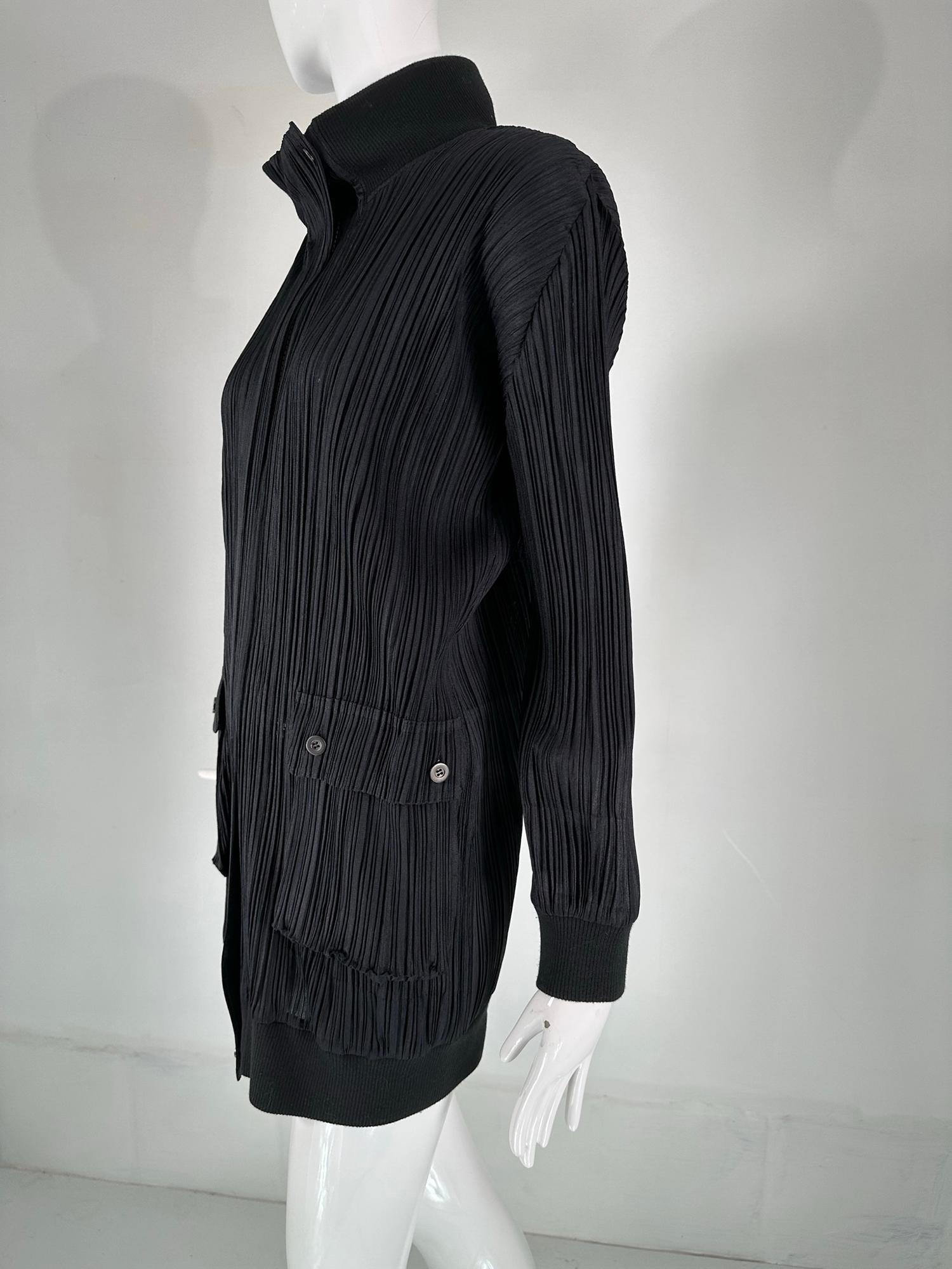 Issey Miyake Pleats Please Black Funnel Neck Hidden Zipper Front Long Jacket 3 In Good Condition For Sale In West Palm Beach, FL