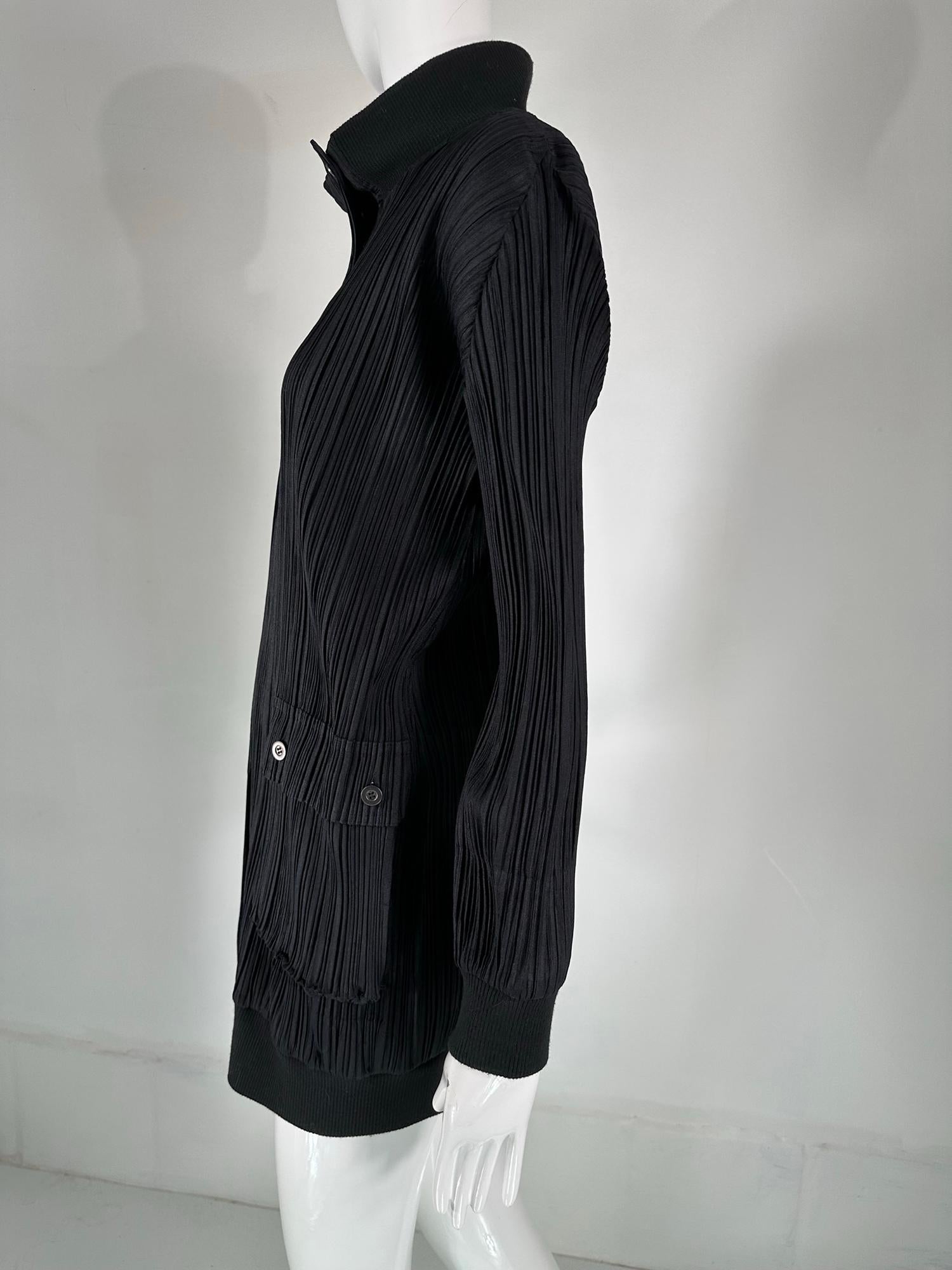 Women's or Men's Issey Miyake Pleats Please Black Funnel Neck Hidden Zipper Front Long Jacket 3 For Sale