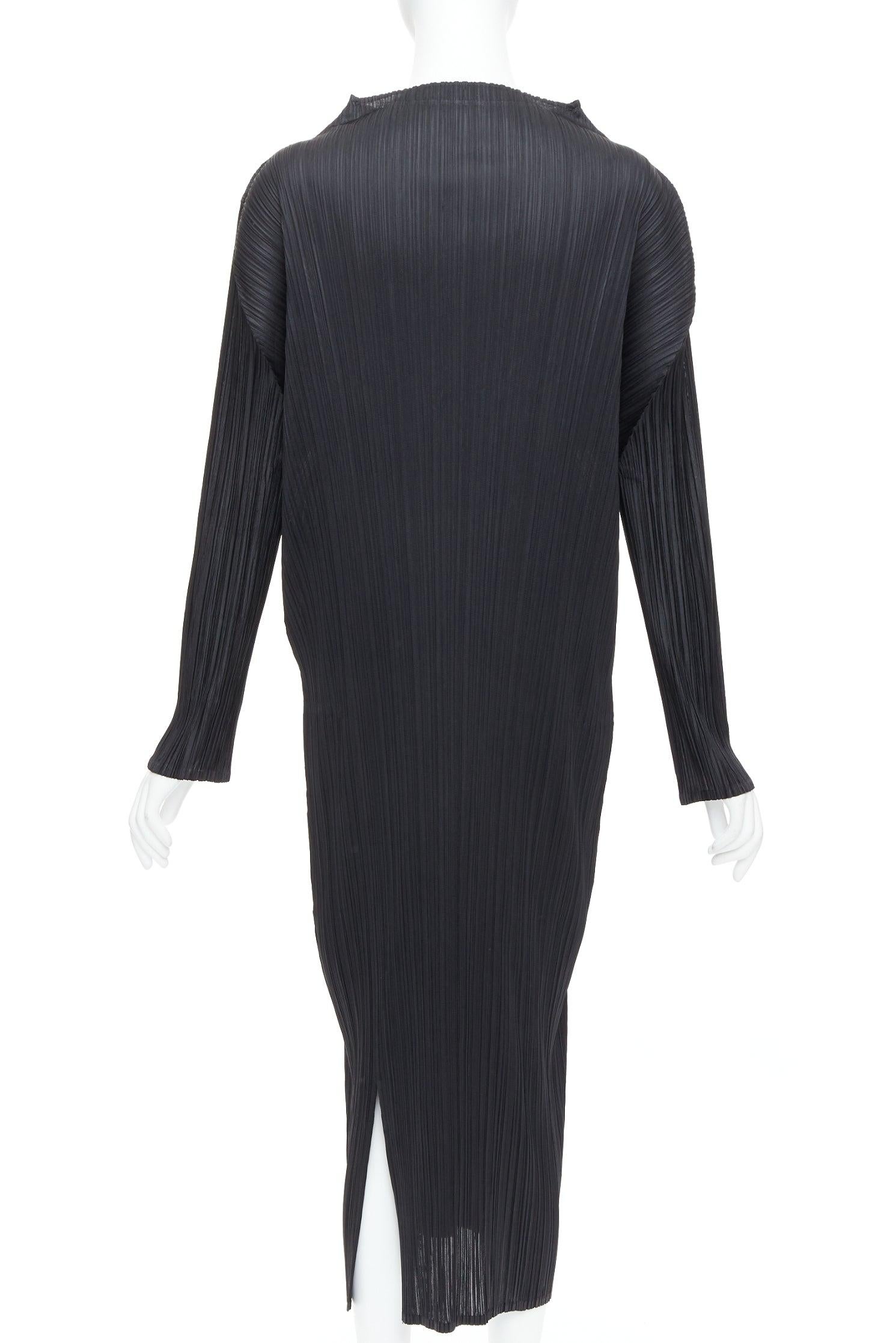 Women's ISSEY MIYAKE Pleats Please black plisse bateau neck slit midi dress JP4 XL For Sale