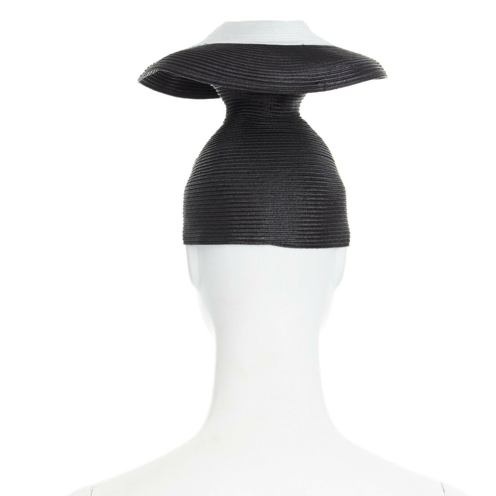 ISSEY MIYAKE PLEATS PLEASE black white architectural dual layer raffia straw hat In Excellent Condition In Hong Kong, NT