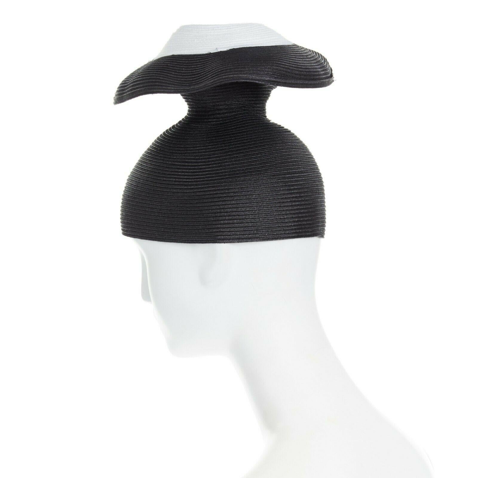 Women's ISSEY MIYAKE PLEATS PLEASE black white architectural dual layer raffia straw hat