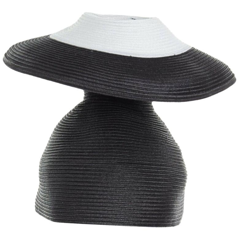 ISSEY MIYAKE PLEATS PLEASE black white architectural dual layer raffia straw hat