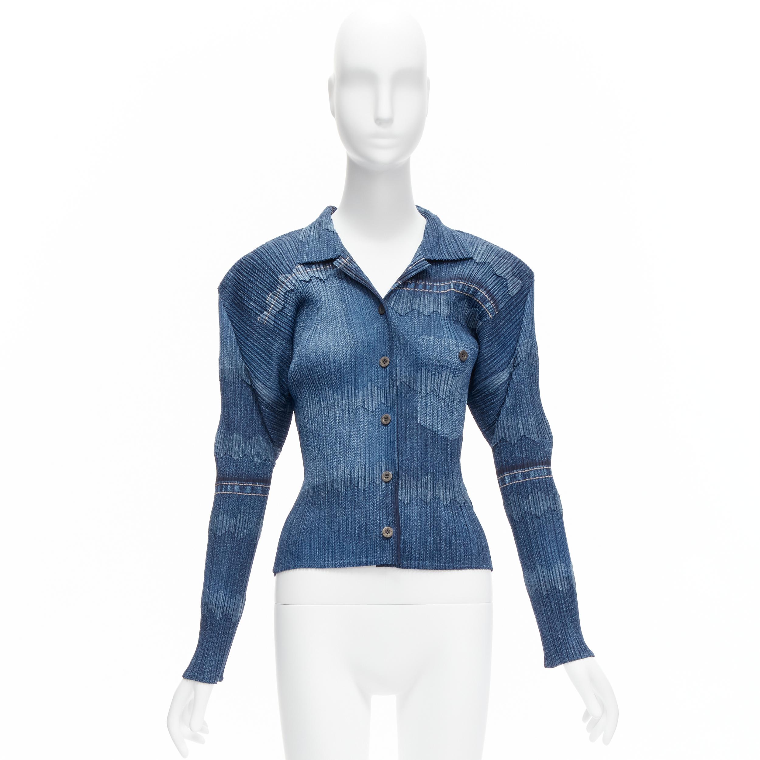 ISSEY MIYAKE PLEATS PLEASE blue denim tromp loeil print 3D cut pleated top JP3 L 7