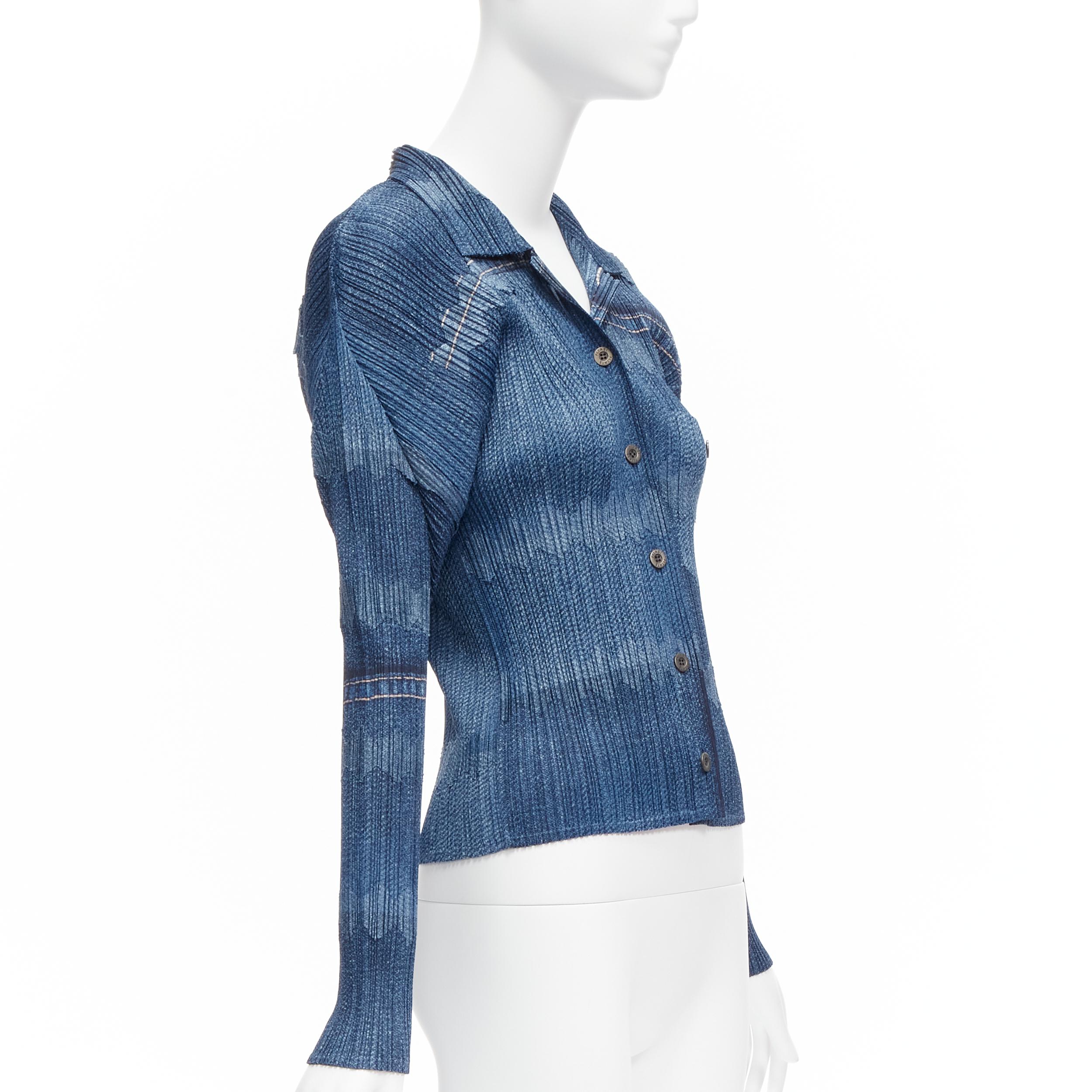 Women's ISSEY MIYAKE PLEATS PLEASE blue denim tromp loeil print 3D cut pleated top JP3 L