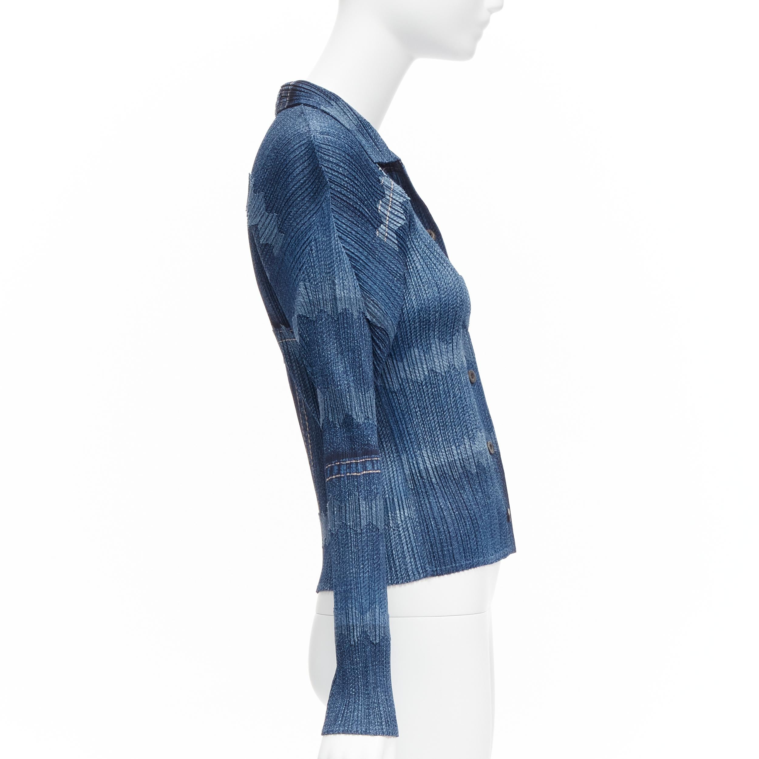 ISSEY MIYAKE PLEATS PLEASE blue denim tromp loeil print 3D cut pleated top JP3 L 1