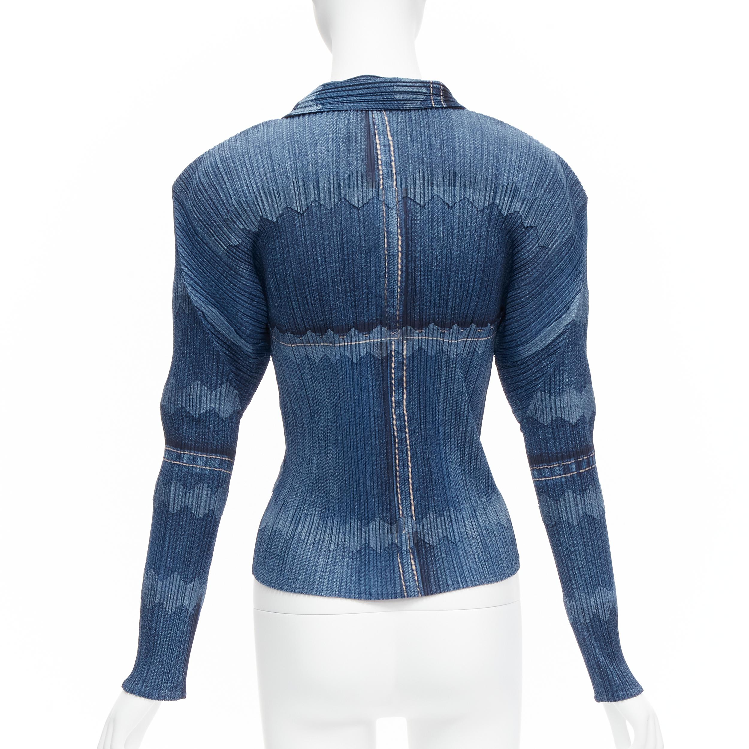ISSEY MIYAKE PLEATS PLEASE blue denim tromp loeil print 3D cut pleated top JP3 L 2