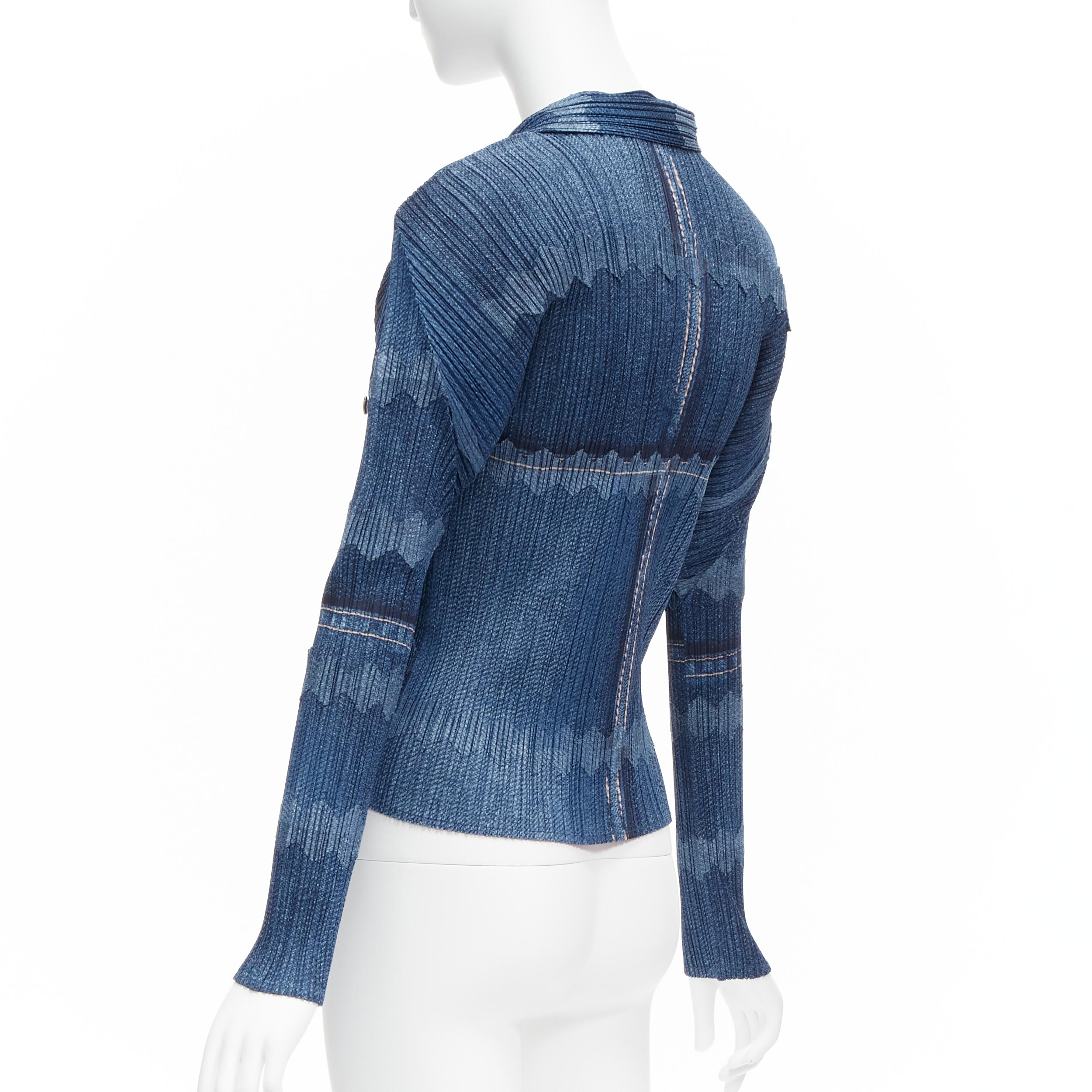 ISSEY MIYAKE PLEATS PLEASE blue denim tromp loeil print 3D cut pleated top JP3 L 3