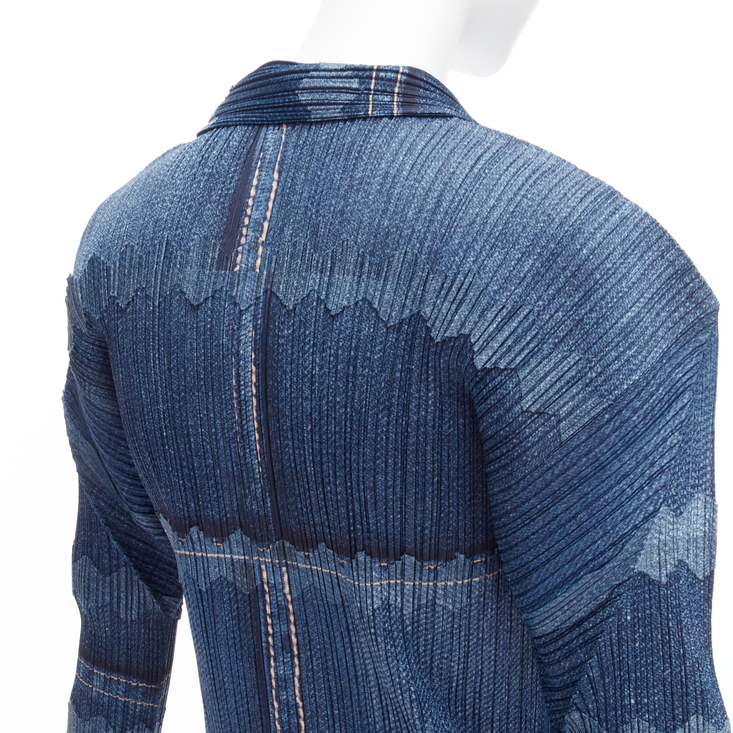 ISSEY MIYAKE PLEATS PLEASE blue denim tromp loeil print 3D cut pleated top JP3 L 4