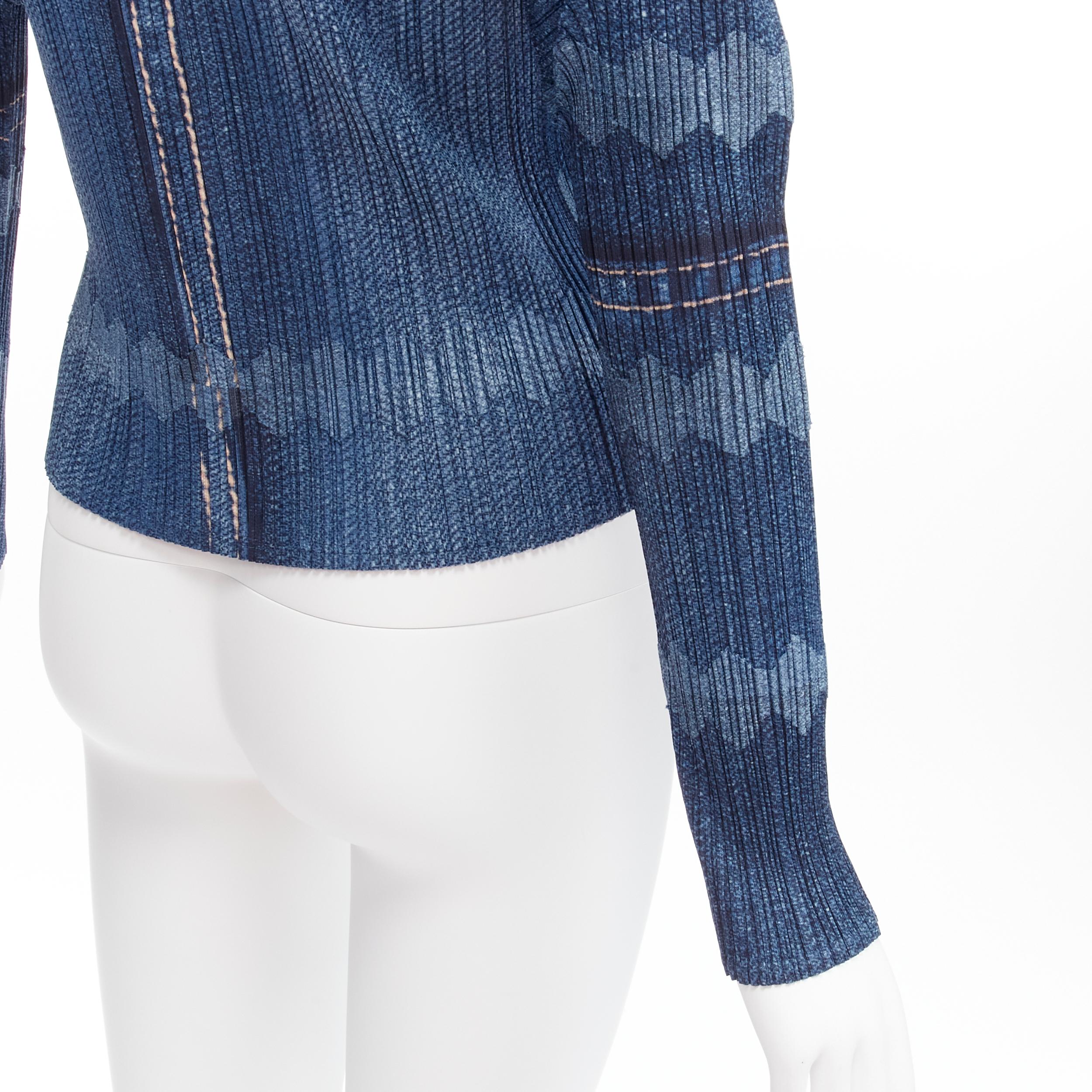 ISSEY MIYAKE PLEATS PLEASE blue denim tromp loeil print 3D cut pleated top JP3 L 5