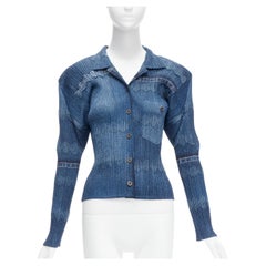 ISSEY MIYAKE PLEATS PLEASE Blauer Denim-Tromp-Loeil-Druck 3D-Schliff plissiertes Oberteil JP3 L