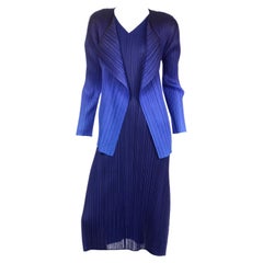 Vintage Issey Miyake Pleats Please Blue Dress & Ombre Jacket Outfit