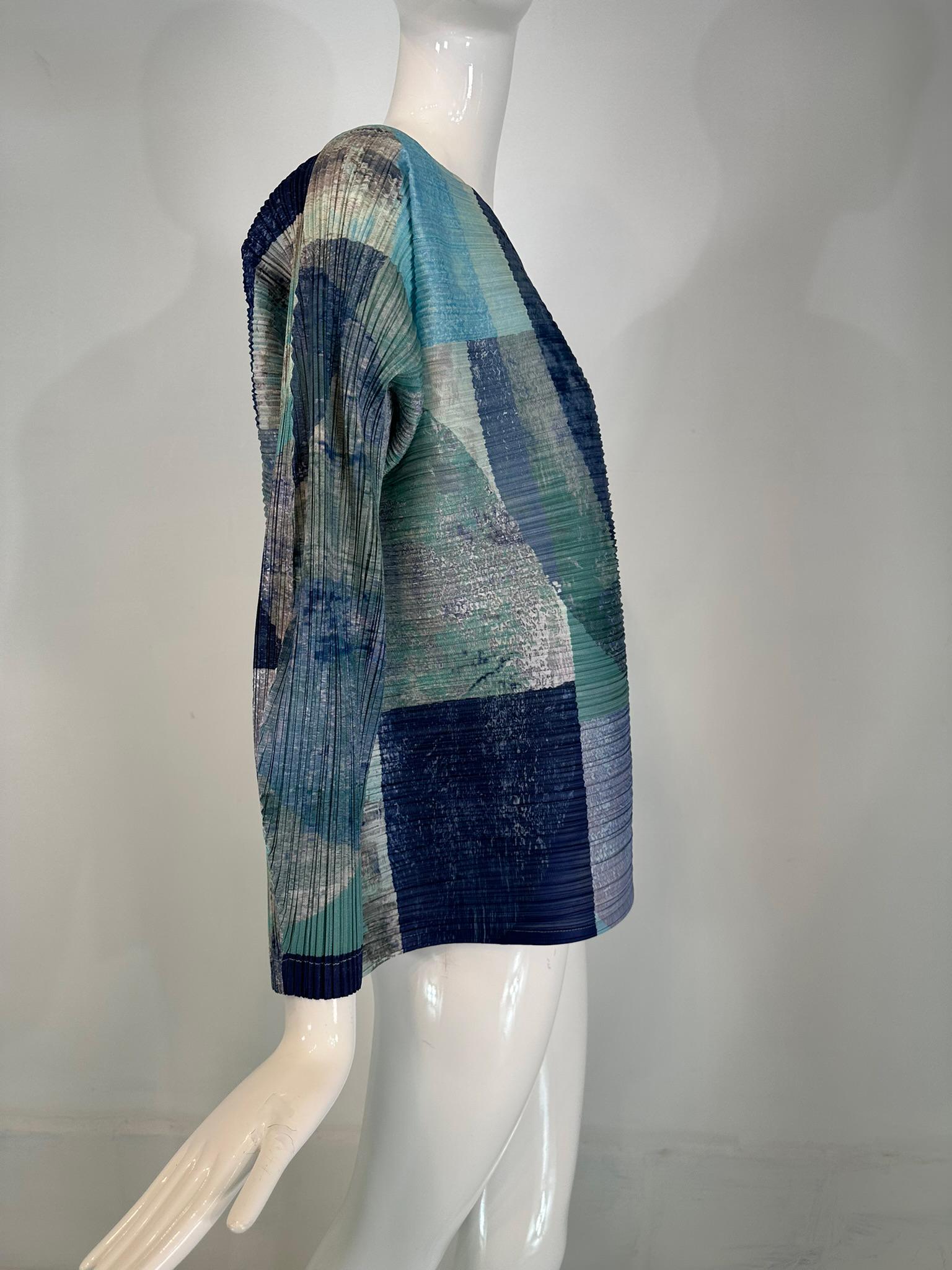 Issey Miyake Pleats Please Azul Gris Modernista Top de manga larga 5 en venta 6