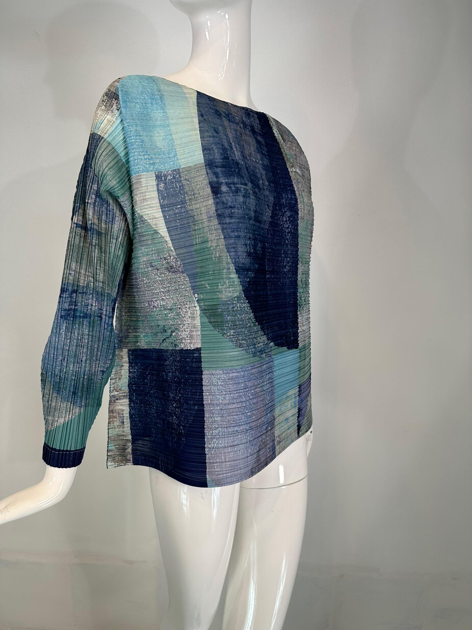 Issey Miyake Pleats Please Azul Gris Modernista Top de manga larga 5 en venta 7
