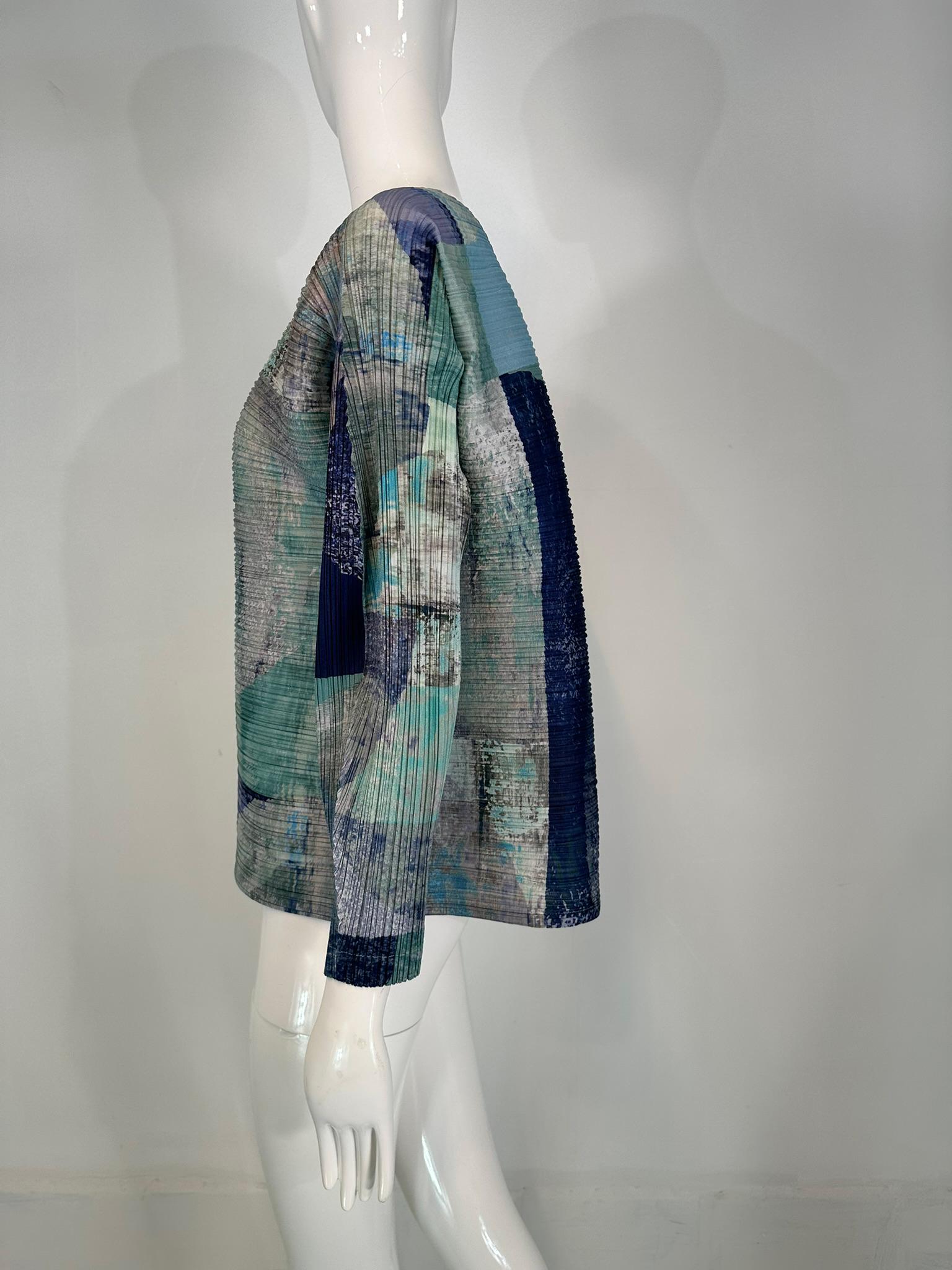 De las mujeres Issey Miyake Pleats Please Azul Gris Modernista Top de manga larga 5 en venta