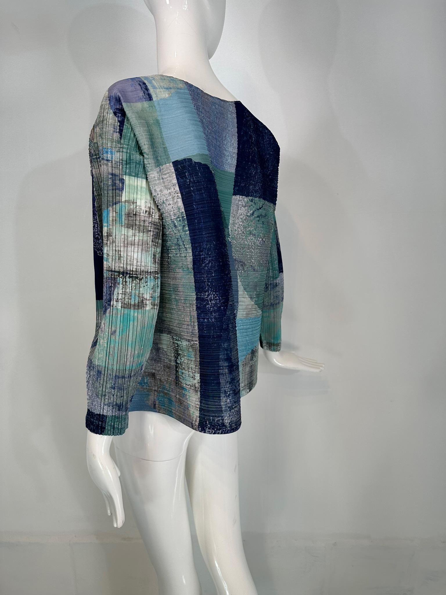 Issey Miyake Pleats Please Azul Gris Modernista Top de manga larga 5 en venta 1