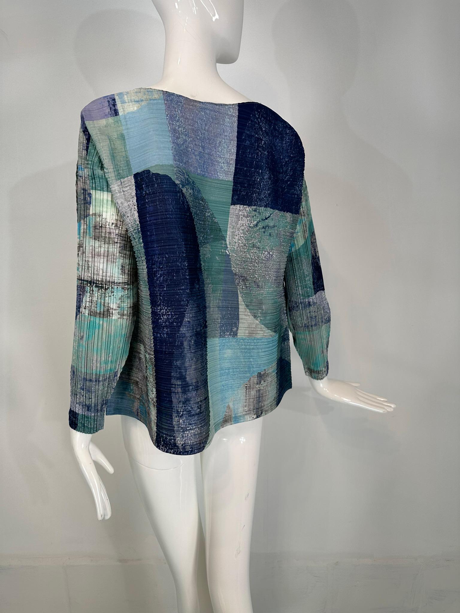 Issey Miyake Pleats Please Azul Gris Modernista Top de manga larga 5 en venta 2