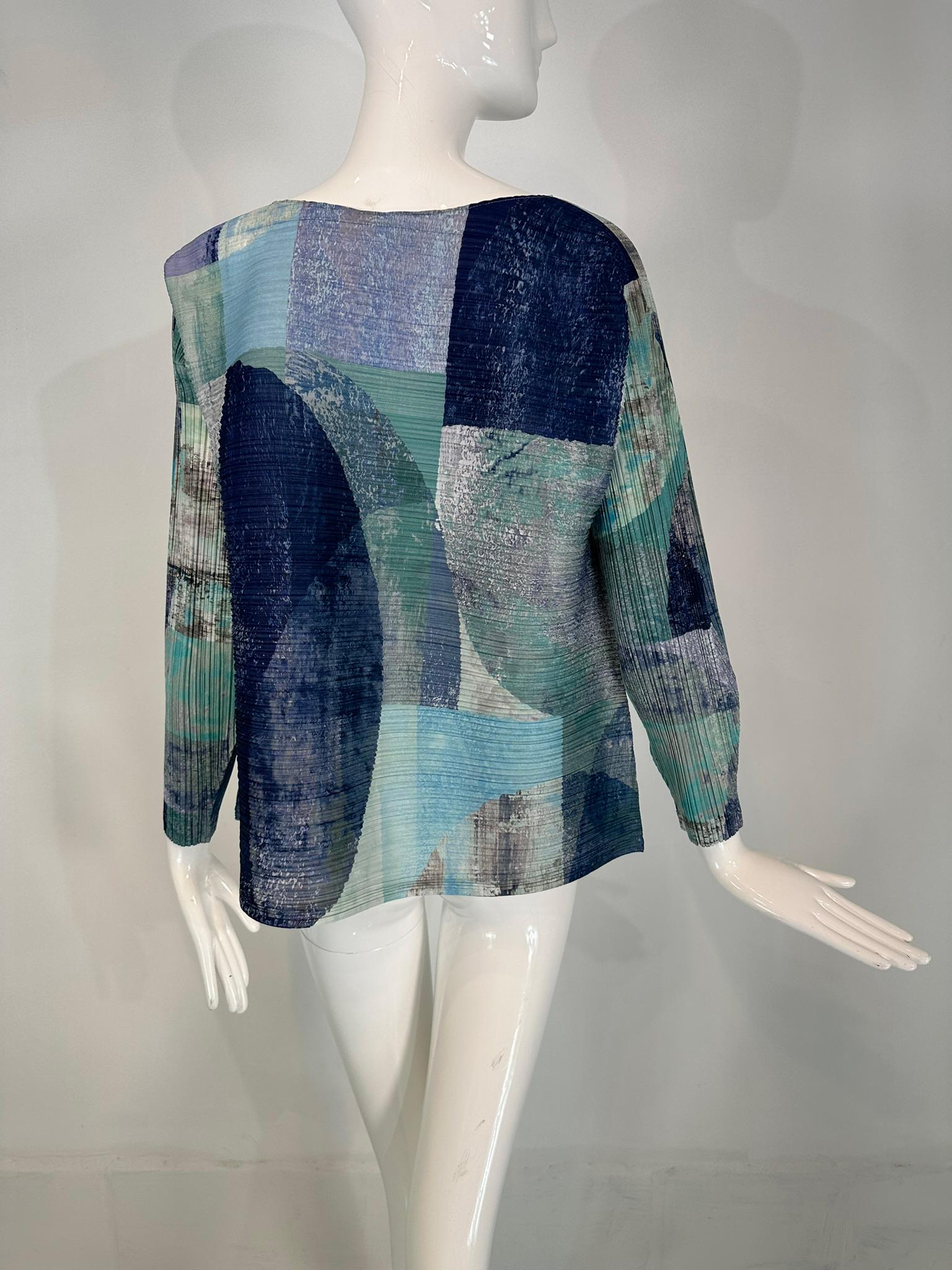 Issey Miyake Pleats Please Azul Gris Modernista Top de manga larga 5 en venta 3