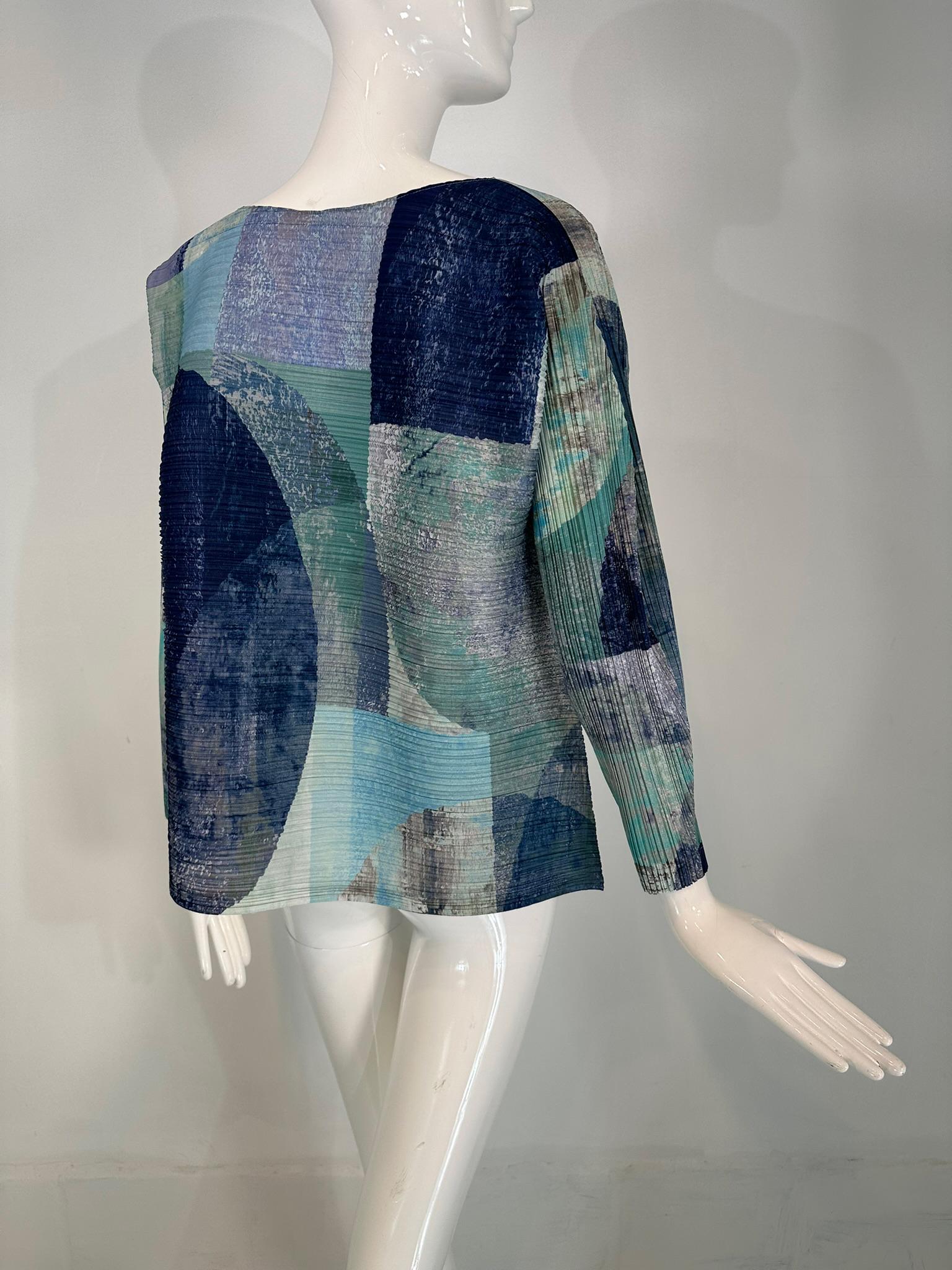 Issey Miyake Pleats Please Azul Gris Modernista Top de manga larga 5 en venta 4