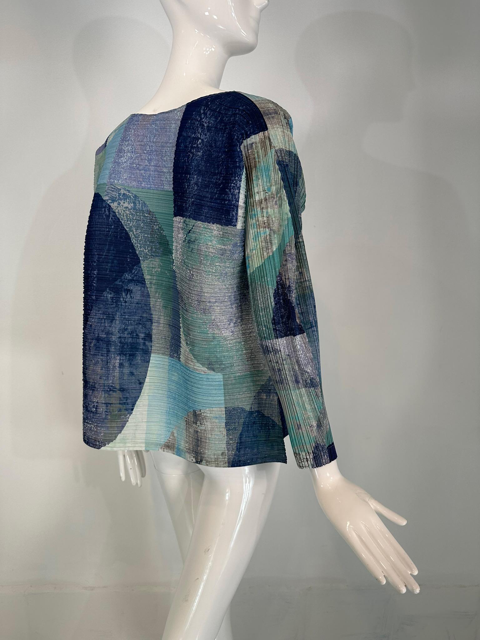 Issey Miyake Pleats Please Azul Gris Modernista Top de manga larga 5 en venta 5