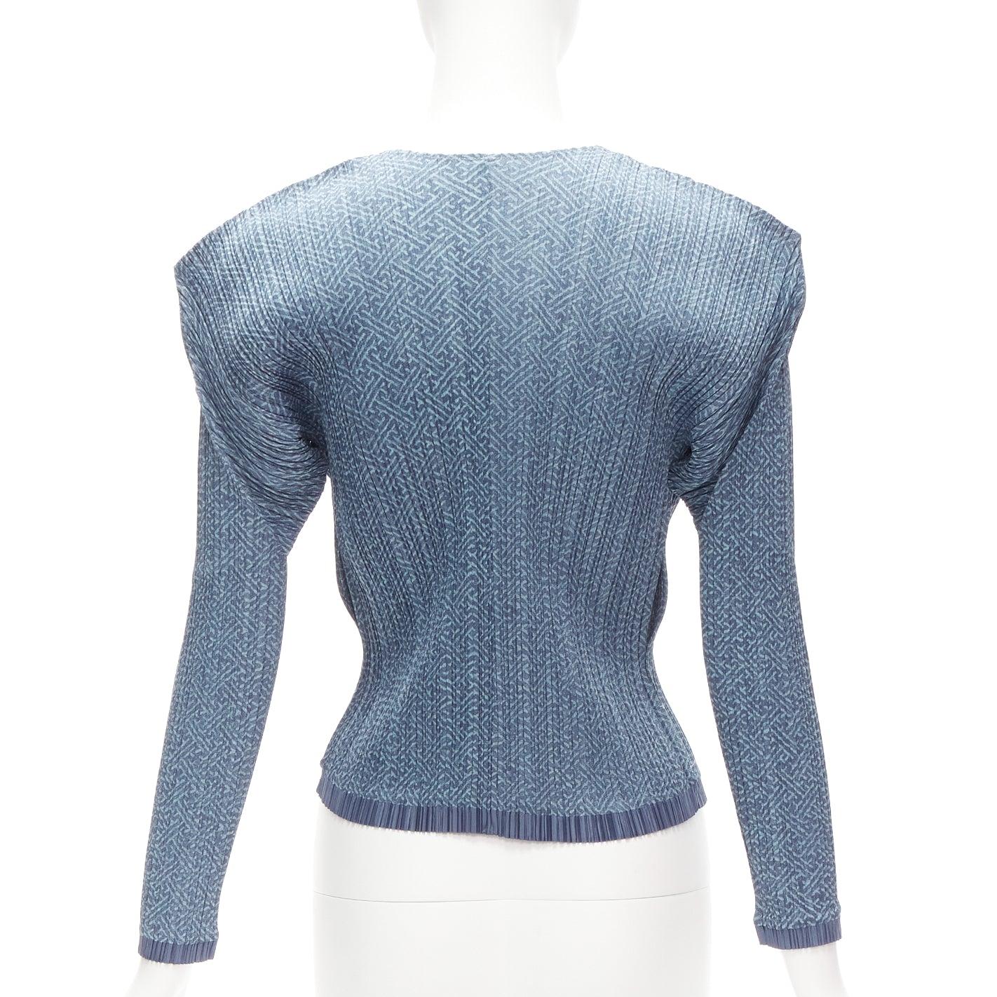 Women's ISSEY MIYAKE PLEATS PLEASE blue maze print plisse angular shoulder jacket JP3 L For Sale