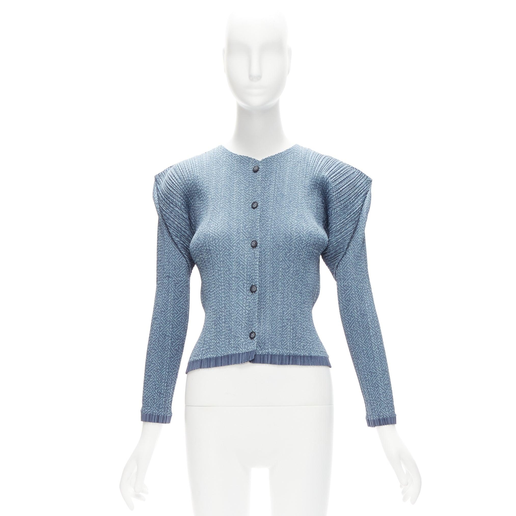ISSEY MIYAKE PLEATS PLEASE blue maze print plisse angular shoulder jacket JP3 L For Sale 5