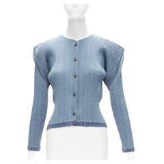 ISSEY MIYAKE PLEATS PLEASE Blaue eckige Schulterjacke mit Lammfelldruck JP3 L