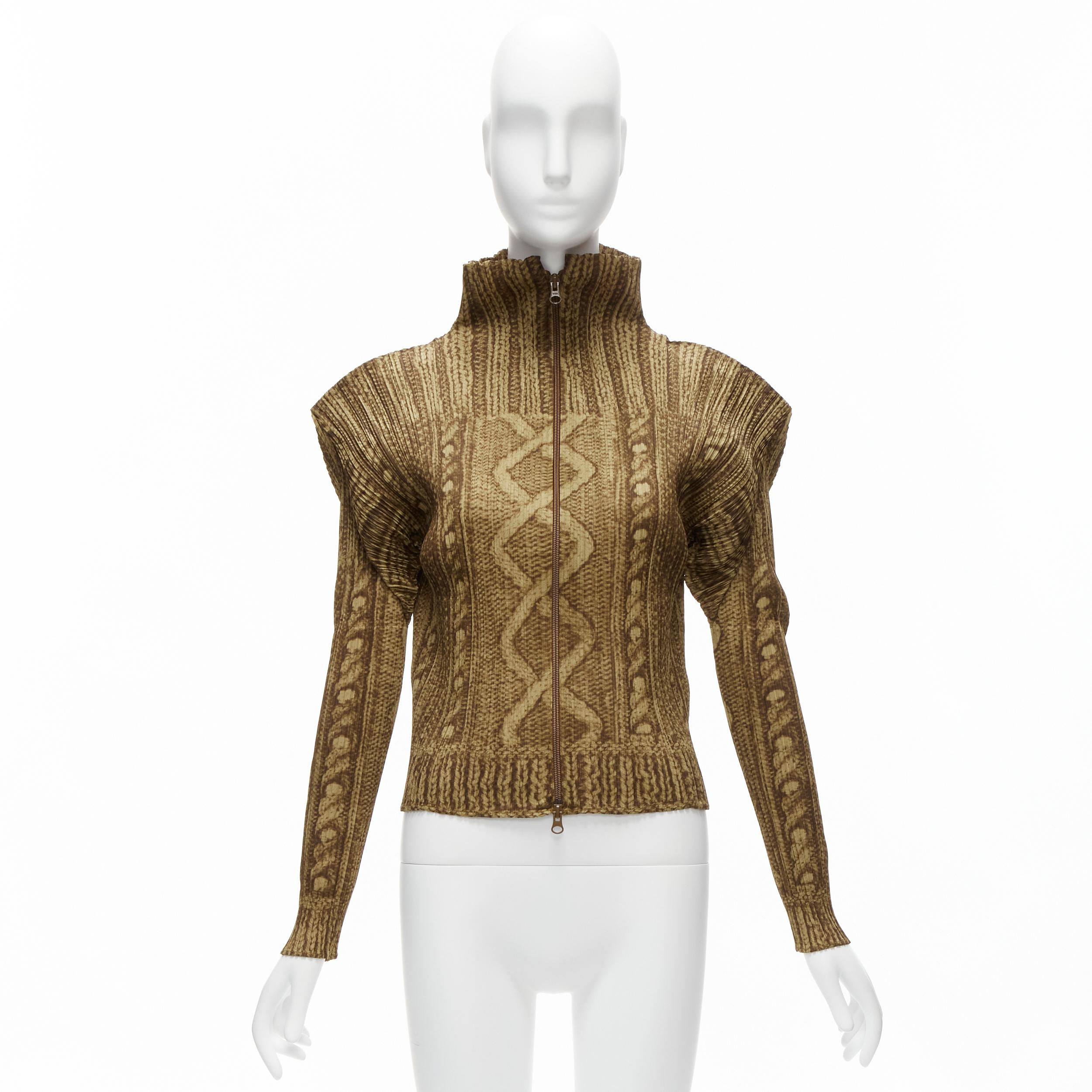 ISSEY MIYAKE PLEATS Please veste zippée en tricot câblé Brown tromp loeil JP4 XL en vente 6