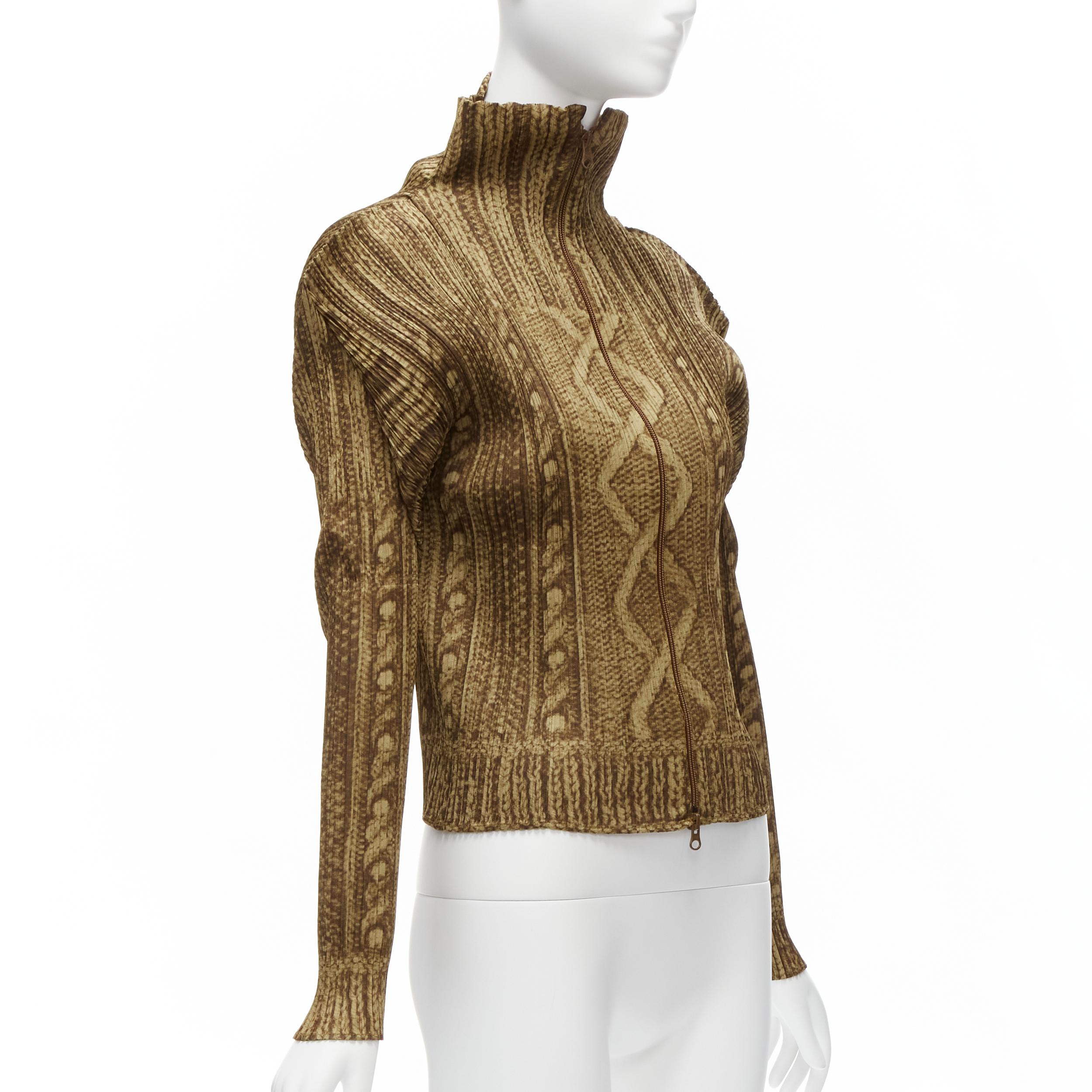 Women's ISSEY MIYAKE PLEATS PLEASE brown tromp loeil cable knit zip up jacket JP4 XL For Sale