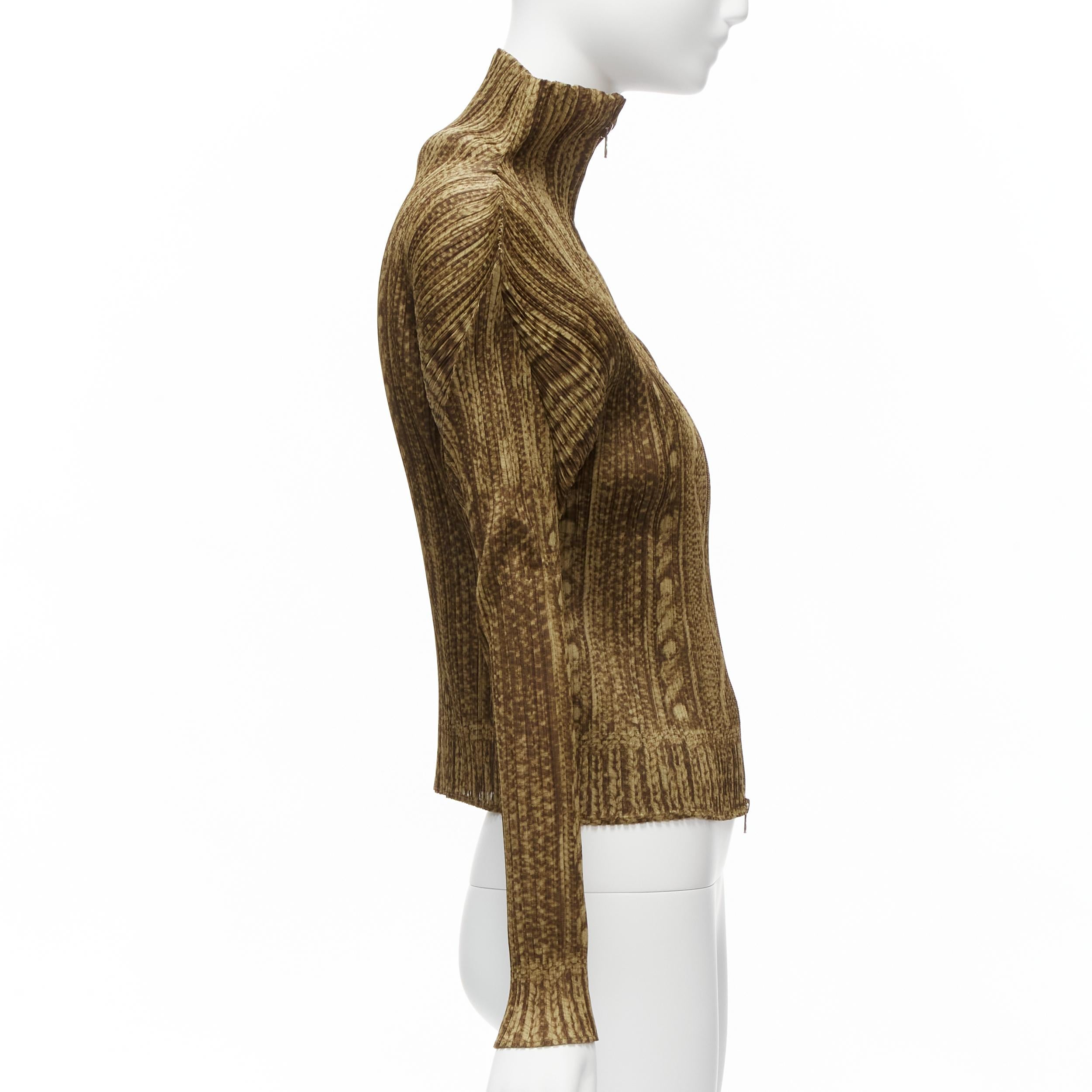ISSEY MIYAKE PLEATS Please veste zippée en tricot câblé Brown tromp loeil JP4 XL Pour femmes en vente
