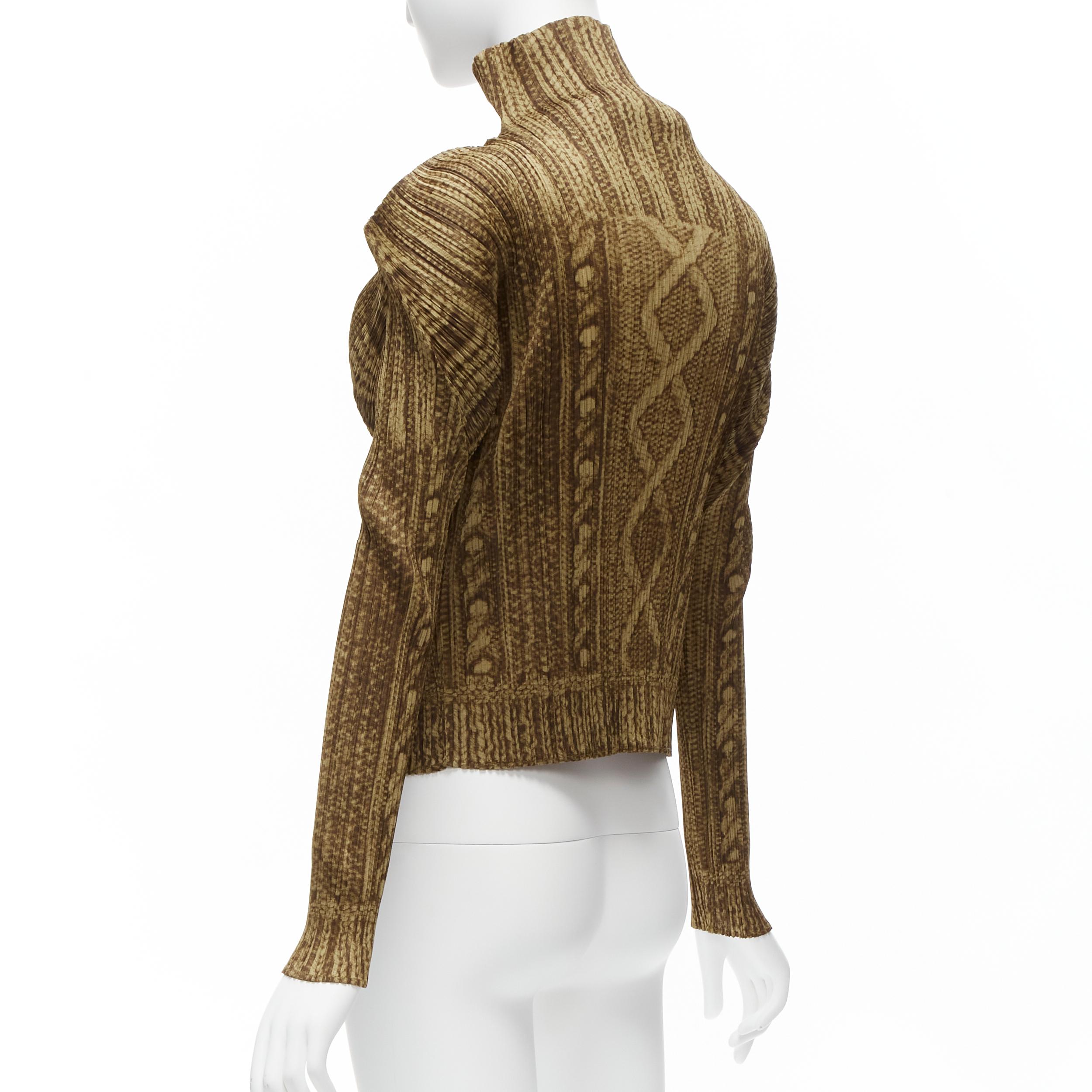 ISSEY MIYAKE PLEATS Please veste zippée en tricot câblé Brown tromp loeil JP4 XL en vente 2