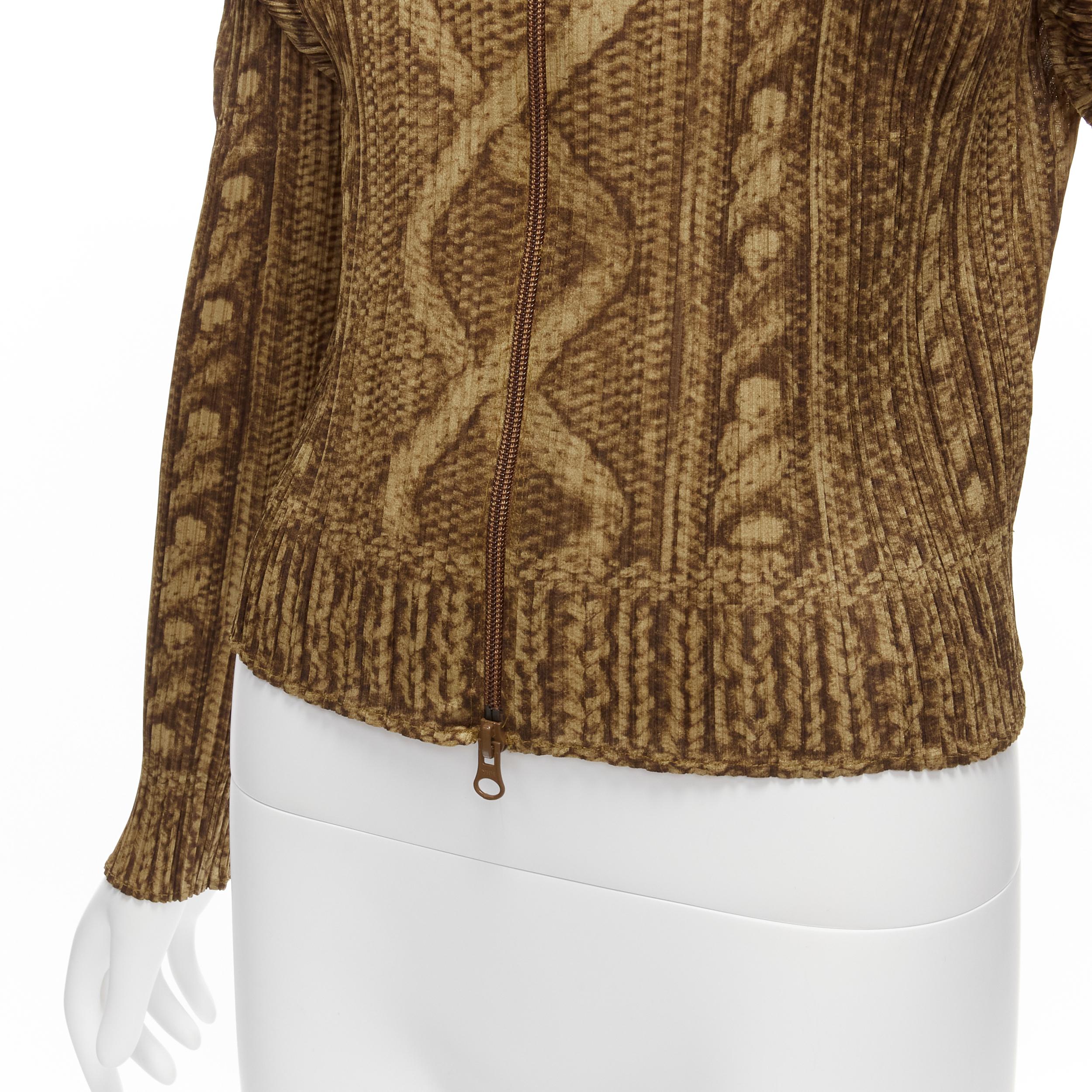 ISSEY MIYAKE PLEATS PLEASE brown tromp loeil cable knit zip up jacket JP4 XL For Sale 5