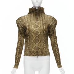 ISSEY MIYAKE PLEATS PLEASE brown tromp loeil cable knit zip up jacket JP4 XL