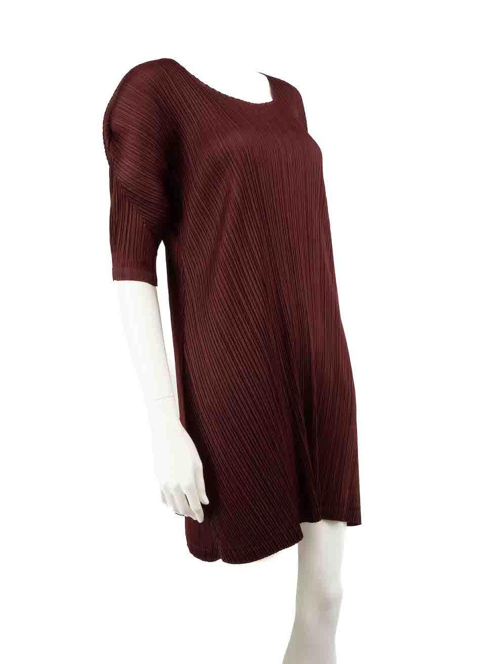 CONDITION is Very good. Hardly any visible wear to dress is evident on this used Pleats Please by Issey Miyake designer resale item.
 
 
 
 Details
 
 
 Burgundy
 
 Polyester
 
 Knee length dress
 
 Pleated accent
 
 Round neckline
 
 Stretchy
 
 
