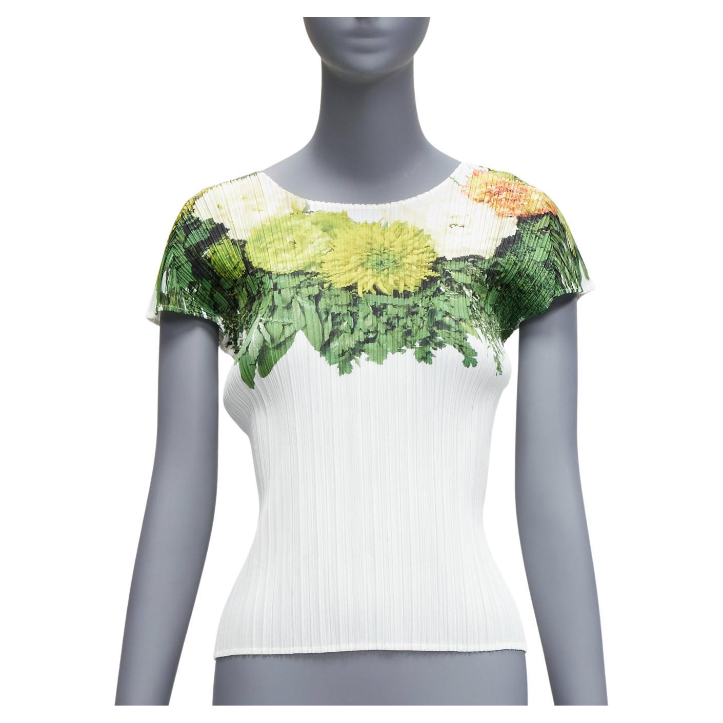 ISSEY MIYAKE Pleats Please cream green bouquet floral neckline plisse ...