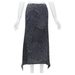 ISSEY MIYAKE PLEATS PLEASE dark blue denim patchwork print pleated skirt JP2 M