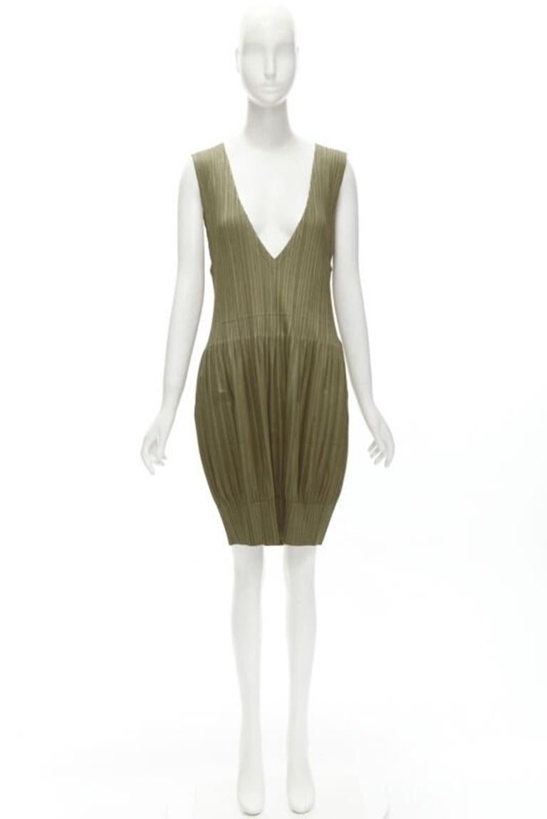 ISSEY MIYAKE PLEATS PLEASE gold V neck bubble skirt pleated plisse dress JP4 XL For Sale 6