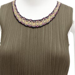 ISSEY MIYAKE Pleats Please khaki plisse orange embroidery neckline vest JP4 XL