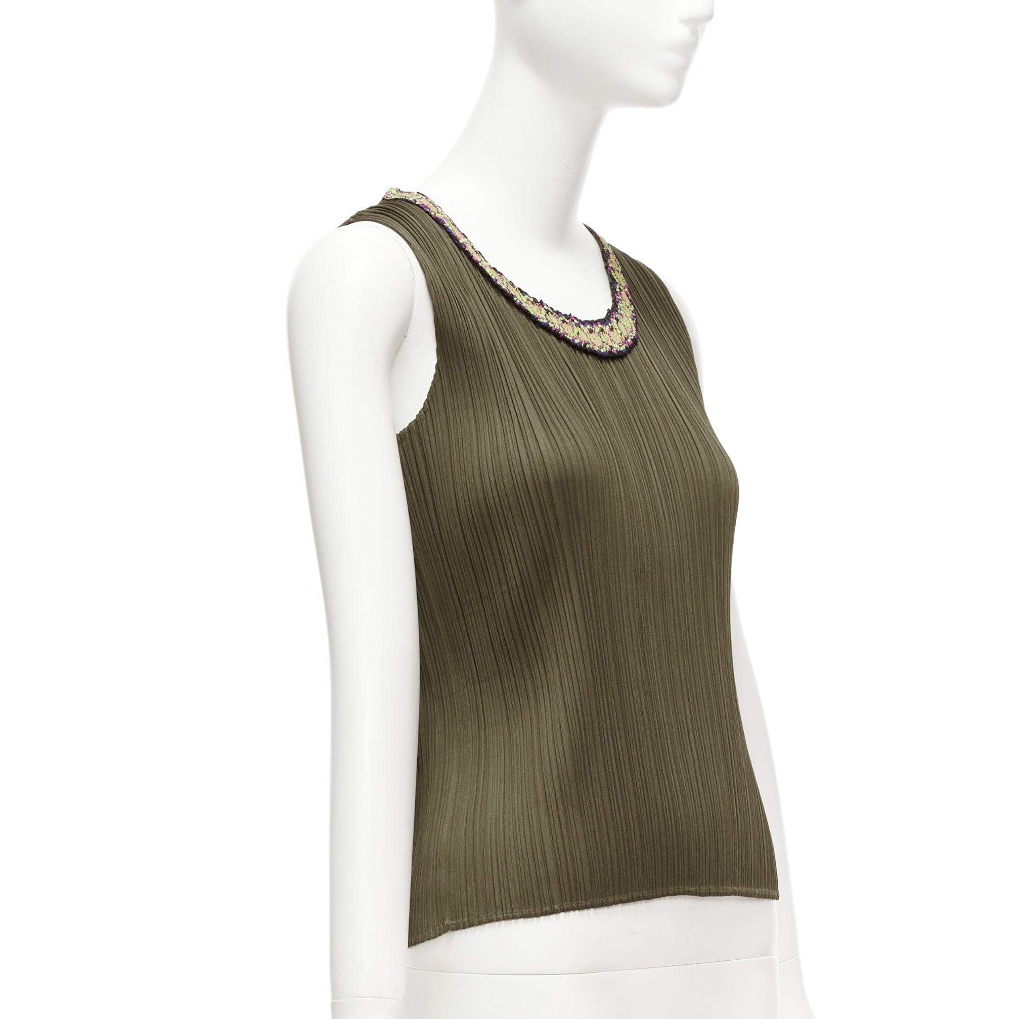 Orange ISSEY MIYAKE Gilet Pleats Please kaki plisse orange broderie encolure JP4 XL en vente